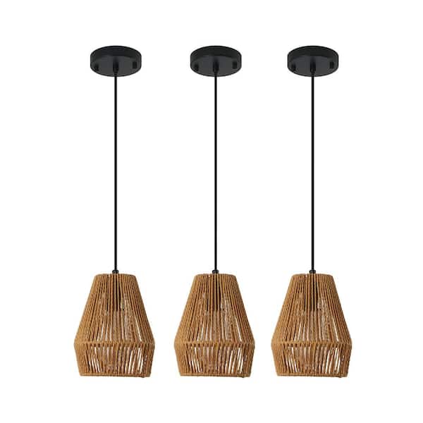 3 Light Black Rustic Hemp Rope Pendant Light with Shade, (Set of 3) (No Bulbs Included)