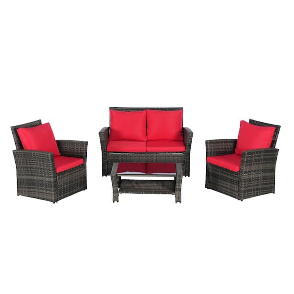 Unbranded 4-Piece Wicker Outdoor Sectional Set, Patio Rattan Conversation Set with Tempered Glass Coffee Table and Red Cushions