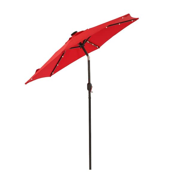 ANGELES HOME 7.5 ft. x 7.5 ft. 50 Plus UPF Solar Lighted Crank Tilt Steel Market Patio Umbrella without Base in Red