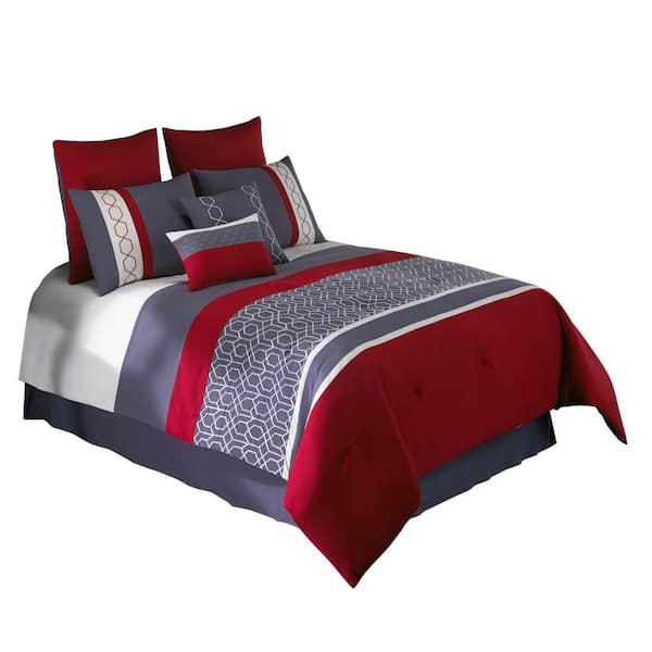 Benjara 8-Piece Red Solid Print Microfiber King Comforter Set
