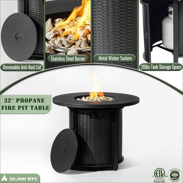 Black 32 in. Round Steel Fire Pit Table 40000BTU Propane Fire Pit
