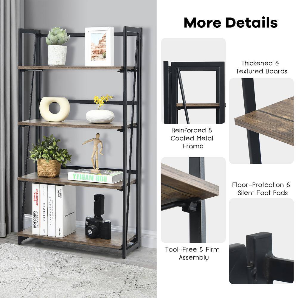 Brown Wire 4-Tier Folding Bookshelf with Industrial Design