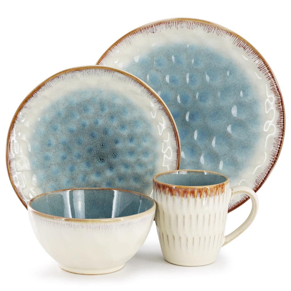 Leann 16 Piece Beige and Blue Ceramic Dinnerware Set