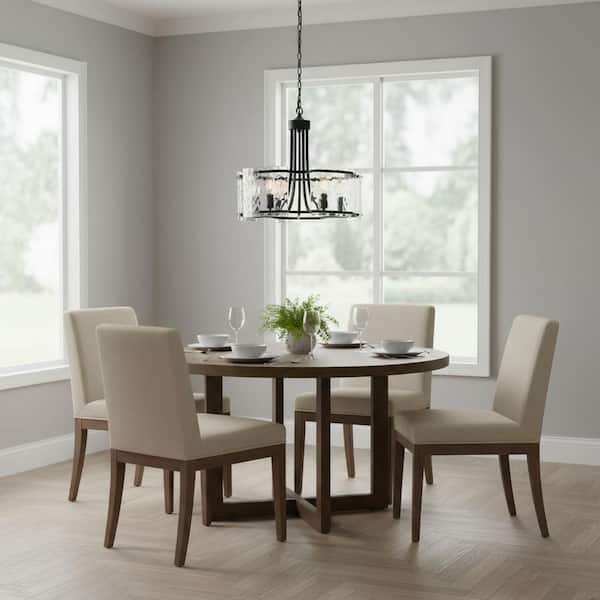 5-Light Black Drum Modern Glass Pendant Light, Elegant Chandelier Ceiling Light for Dining Room and Living Room