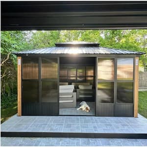 12ft.x14ft. Sunroom Hardtop Gazebo Solarium Galvanized Steel Double Roof Aluminum Screen House Patio Deck Backyard Brown