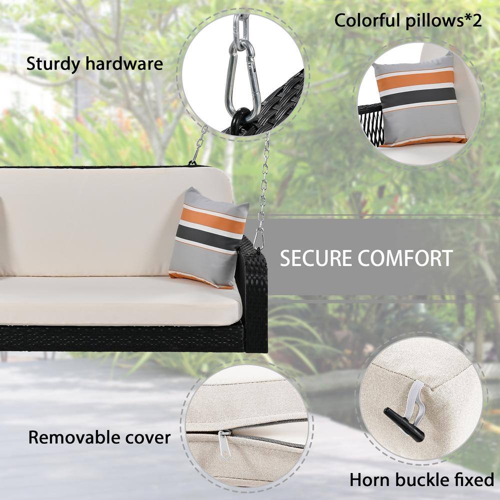 Beige and Black Aluminum Wicker Porch Swing with Cushions