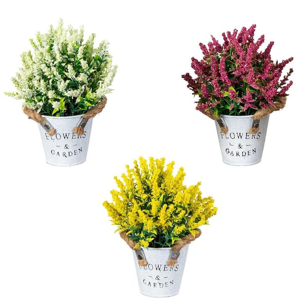 8 in. Multi-Colored Artificial Lavender Plant in Rustic Flowers and Garden Planter - Set of 3