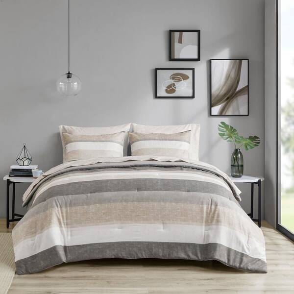 7pc Modern Chic Brown Beige Coral Stripe Comforter Set – Soft Microfiber – Down Alternative