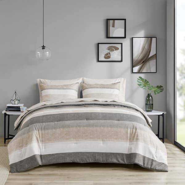 MADISON PARK ESSENTIALS Deacon Taupe/Grey Polyester Queen Stripe Comforter Set