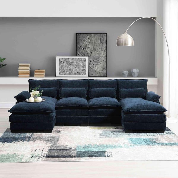 Polibi 110 in. Square Arm Chenille U-Shaped Sofa with Waist Pillows in Blue
