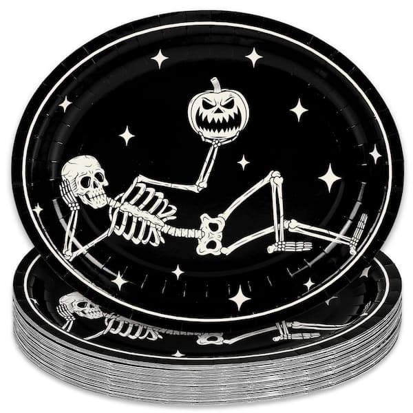 50-Pack 10 in. x 12 in. Oval Black White Skeleton Pumpkin Disposable Plates, Halloween Spooky Paper Plates for Party