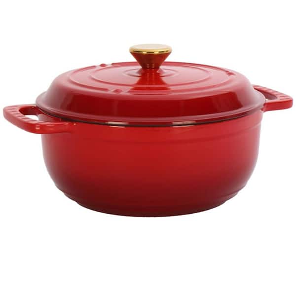 7.5 qt. Round Cast Iron Dutch Oven in Red with Lid and 2 Silicone Gloves, Compatible with All Cooktops