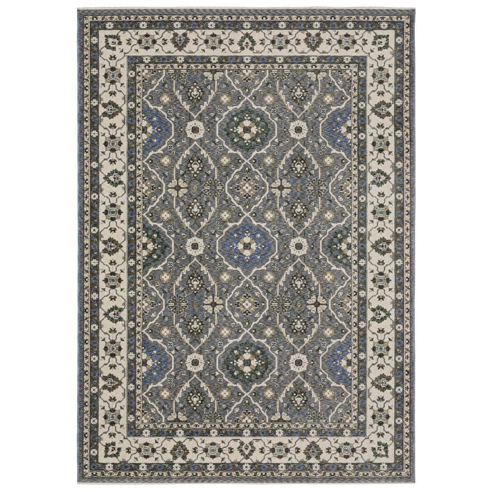 Hunter Blue/Ivory 4 ft. x 6 ft. Bordered Floral Oriental Polyester Fringe-Edge Indoor Area Rug price history on PriceWatchPro