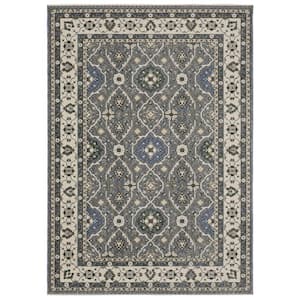 Hunter Blue/Ivory 5 ft. x 8 ft. Bordered Floral Oriental Polyester Fringe-Edge Indoor Area Rug
