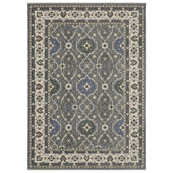 Hunter Blue/Ivory 6 ft. x 9 ft. Bordered Floral Oriental Polyester Fringe-Edge Indoor Area Rug