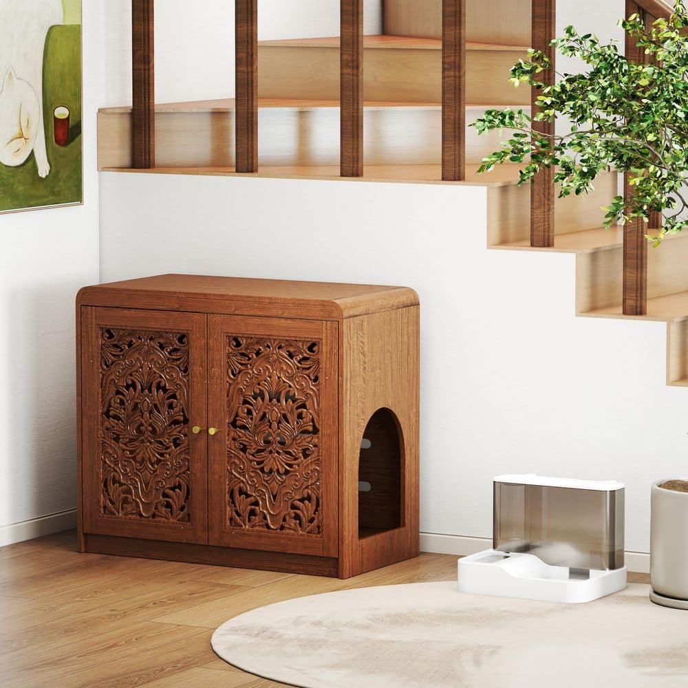 Walnut 27.5 in. H MDF Wood Hollow‑Carved Cat Litter Box Enclosure Cabinet, Multi‑Purpose Sideboard with Vent