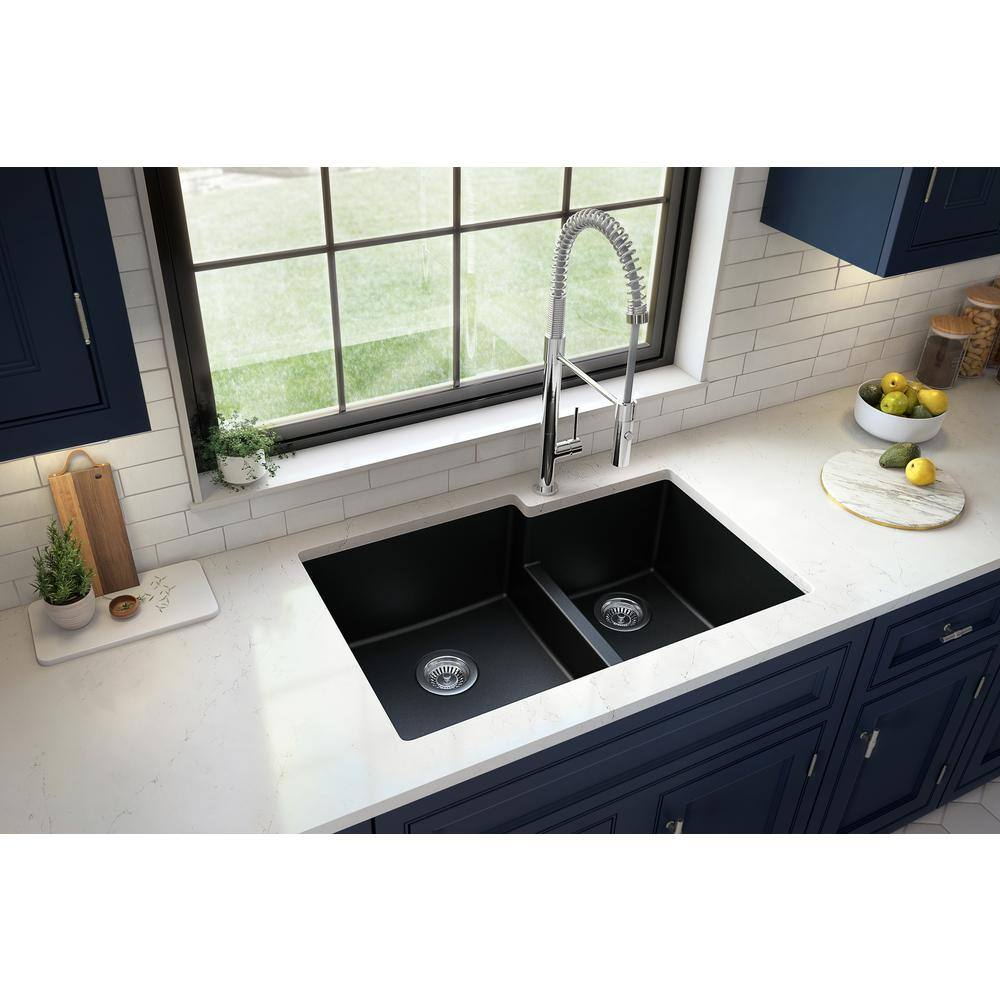 Karran Quartz Black 25 in. 25/25 Double Bowl Composite Undermount Kitchen  Sink QU 25 BL