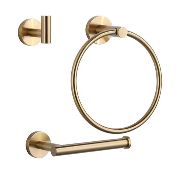 3-Piece Bathroom Hardware Set with Towel Ring Towel Hook and Toilet Paper Holder in Brushed Gold