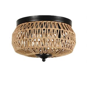 11.8 in. W 3-Light Brown Natural Abaca Round Flush Mount Ceiling Light, Hanging Light Fixture