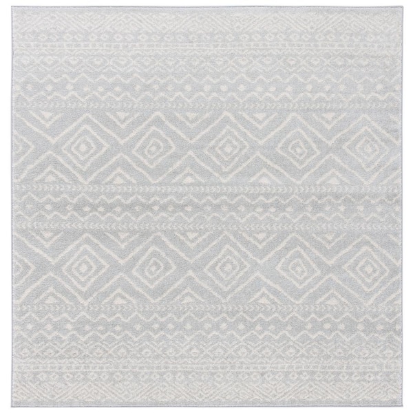 SAFAVIEH Tulum Light Gray/Ivory Doormat 3 ft. x 3 ft. Square Geometric Diamonds Striped Area Rug