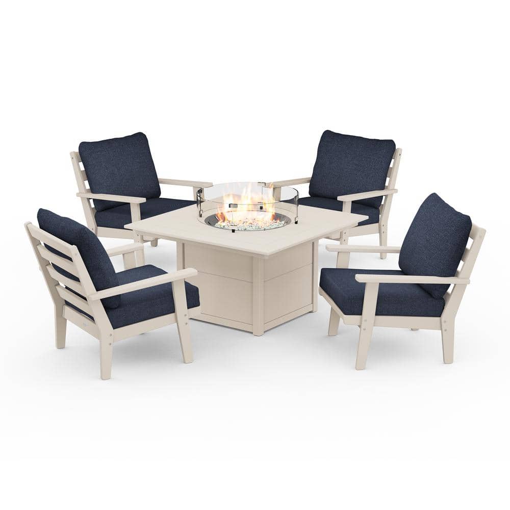POLYWOOD Grant Park 5-Piece Plastic Patio Deep Seating Conversation Set with Fire Pit Table with Stone Blue Cushions