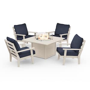 Grant Park 5-Piece Plastic Patio Deep Seating Conversation Set with Fire Pit Table with Stone Blue Cushions