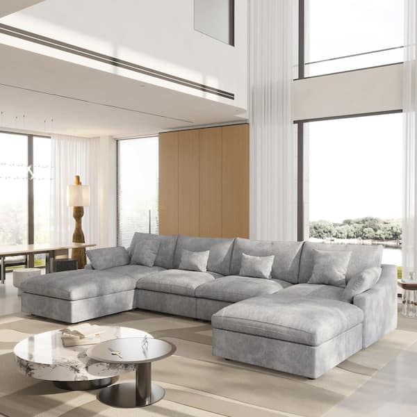 155.9 in. Slope Arm 6-Piece Linen Deep Seat U-Shaped Free Combination Sectional Sofa with Removable Covers in. Gray