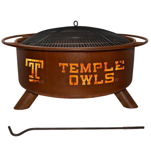 Unbranded Temple 29 in. x 18 in. Round Steel Wood Burning Rust Fire Pit with Grill Poker Spark Screen and Cover