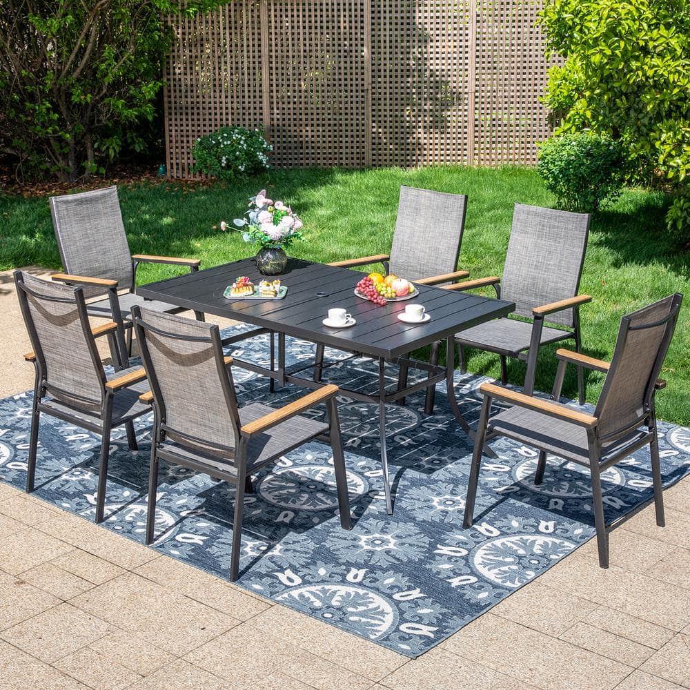 Black 7 Piece Metal Outdoor Patio Dining Set with Rectangle Table and Stackable Aluminum Chairs