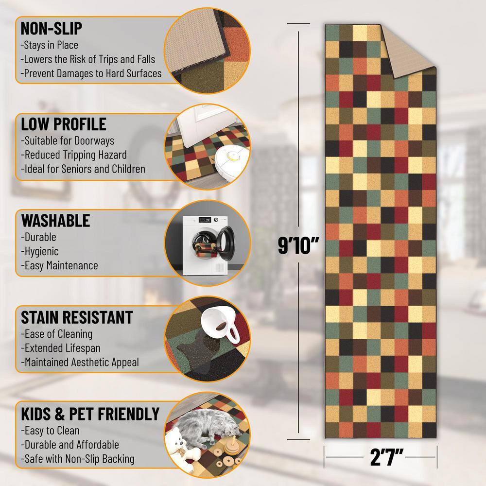 Multicolor Checkered Non-Slip Runner Rug with Rubber Backing