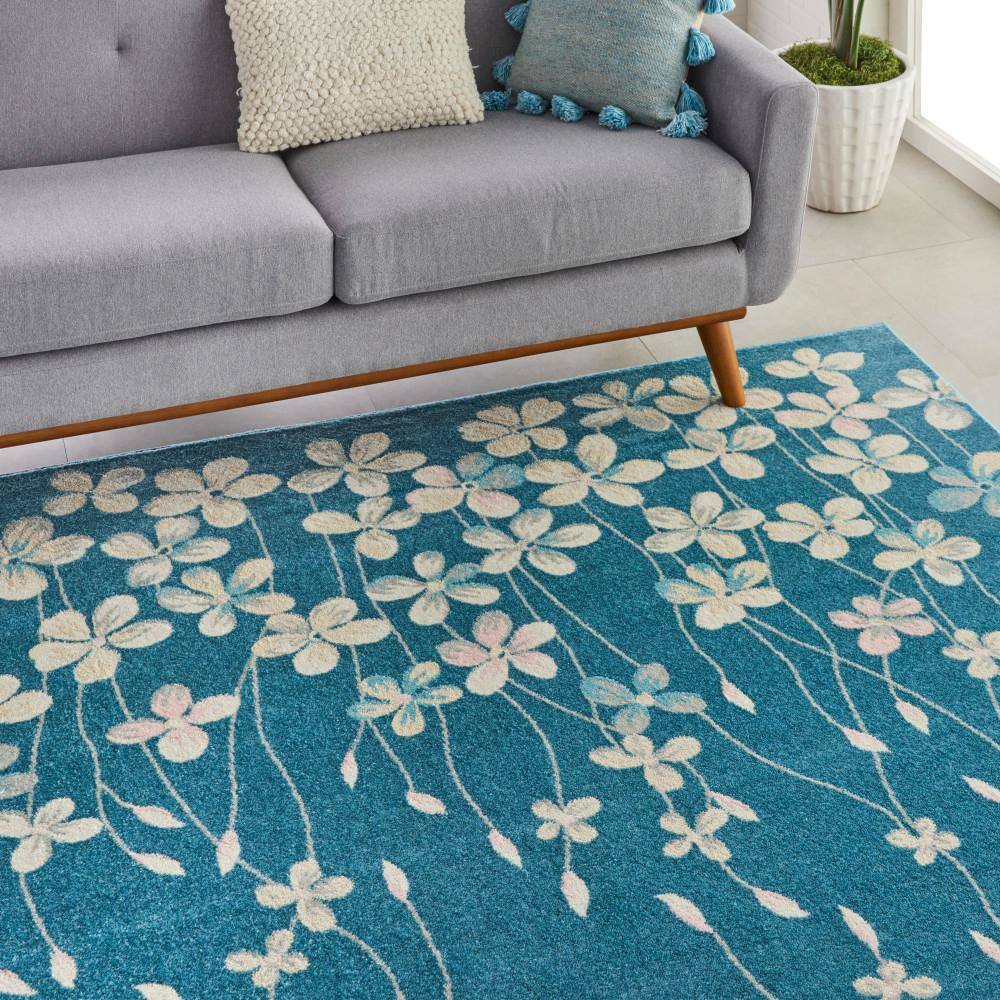 Handmade Turquoise Floral Viscose Rectangular 8' x 10' Rug