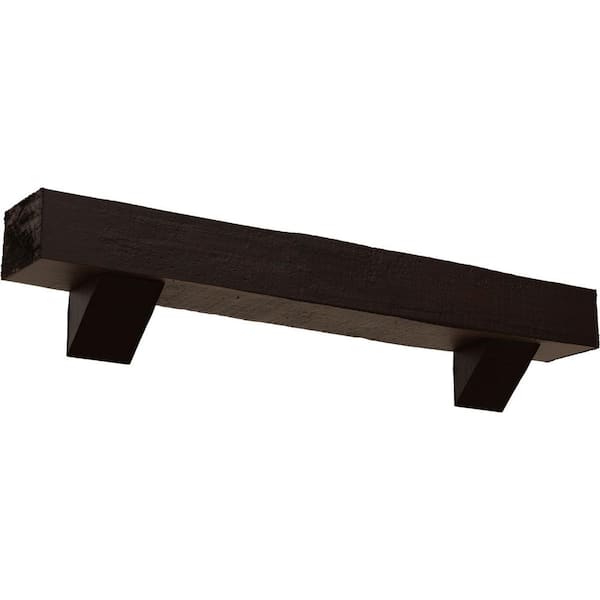 Ekena Millwork 4 in. x 4 in. x 4 ft. Rough Cedar Faux Wood Fireplace Mantel Kit, Breckinridge Corbels, Premium Hickory