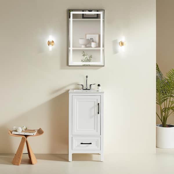 WELLFOR 18 in. W x 16 in. D x 35 in. H Single Sink Bath Vanity in White with White Ceramic Top (Fully Assembled)