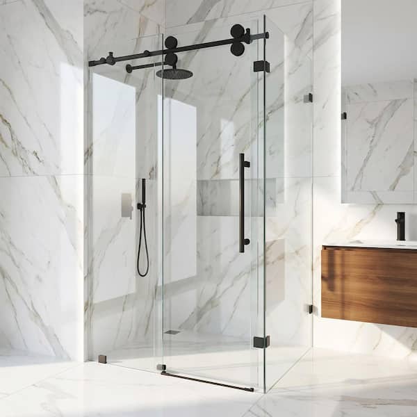 Winslow 35 in. L x 46 in. W x 74 in. H Frameless Sliding Rectangle Shower Enclosure in Matte Black with Clear Glass