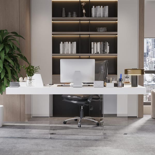 FUFU&GAGA 78.7 in. L Rectangle White Wood Executive Desk Meeting Table With Clear Tempered Glass Legs Office Use