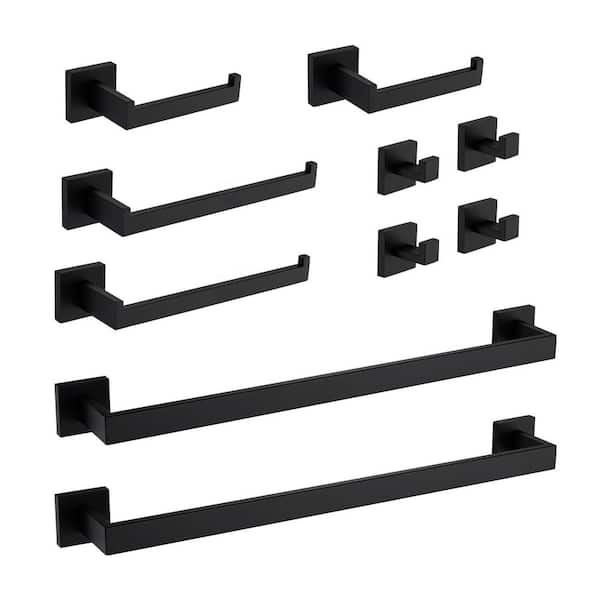 Interbath 10-Piece Bath Hardware Set with Towel Bar Toilet Paper Holder Towel Hook in Stainless Steel Matte Black