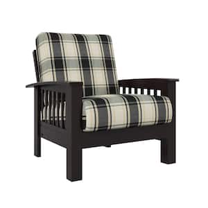 Omaha Mission Style Dark Espresso Arm Chair with Exposed Wood Frame in Brown and Black Plaid