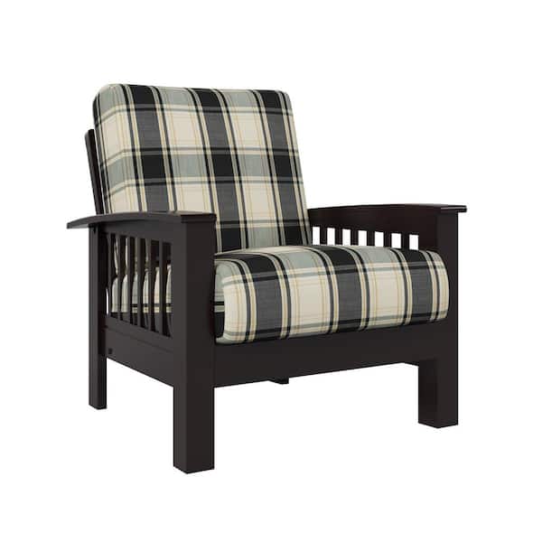 Handy Living Omaha Mission Style Dark Espresso Arm Chair with Exposed Wood Frame in Brown and Black Plaid