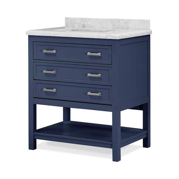 Furniture of America Demerzel in. 30 in. W x 22 in. D x 38.5 in. H Single Sink Freestanding Bath Vanity in Blue With White Marble Top