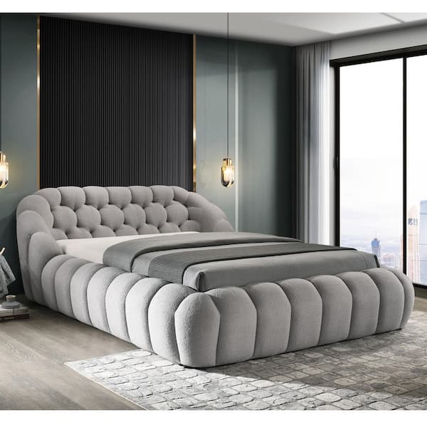 Tera Gray Wood Frame Fully Upholstered Queen Platform Bed with Tufted Headboard