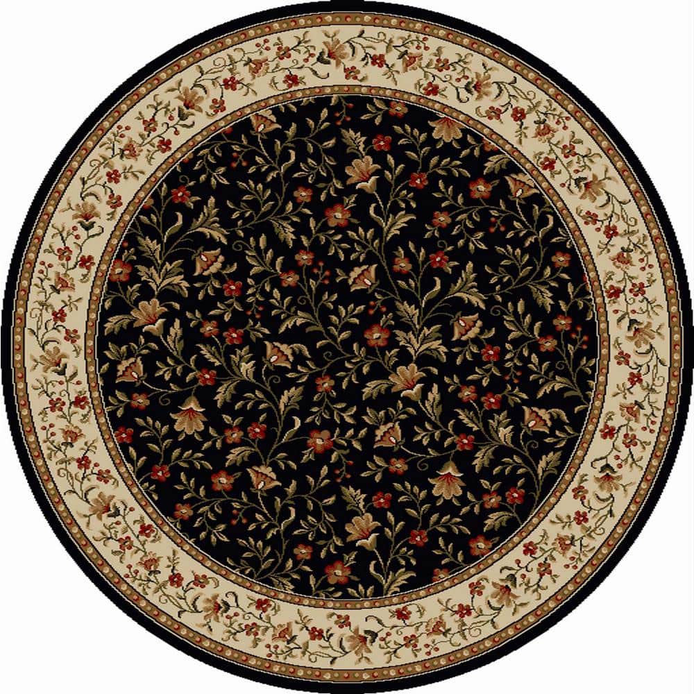 Como Black 5 ft. Round Traditional Floral Area Rug