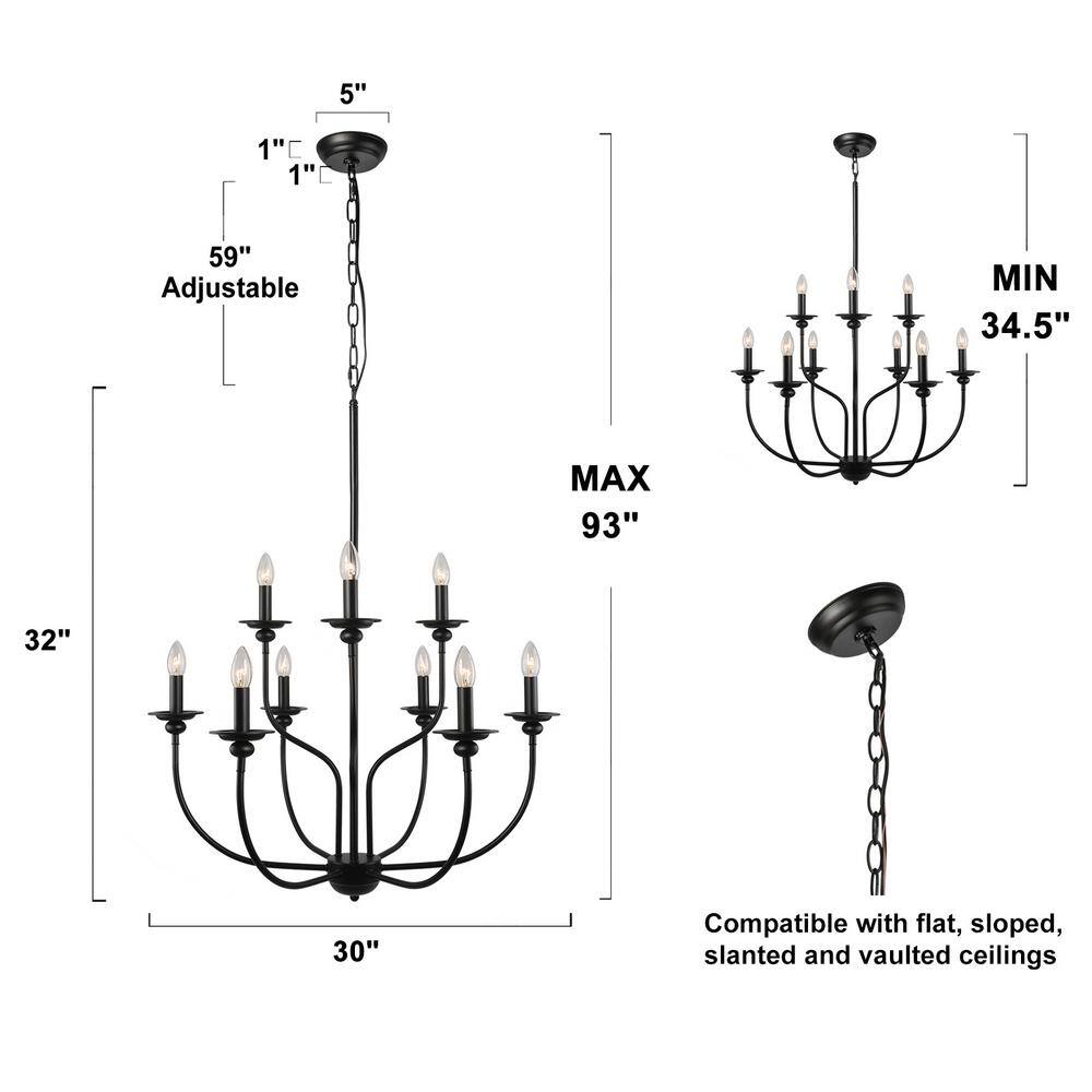 Elegant Black 9-Light 2-Tier Candle Chandelier