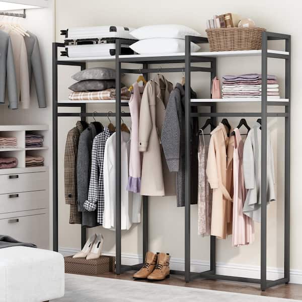 Freestanding Closet Organizer, 86 Garment Rack with Shelves & Hanging  RodsWhite