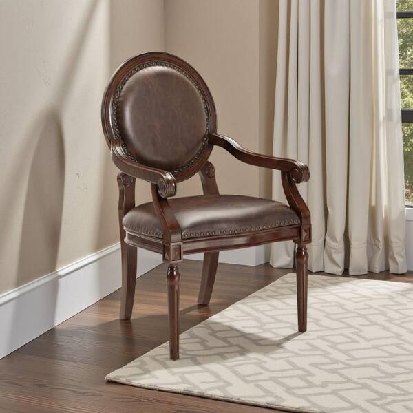 Alder Brown Faux Leather Arm Chair with 4 Legs Base Style