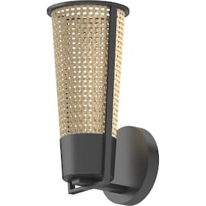 1-Light Black Cone Wall Sconce with Rattan Shade