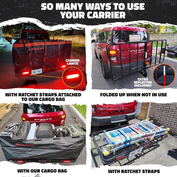 Mockins 70 in. x 30 in. x 6 in. 500 lbs Capacity XL Hitch Cargo Carrier w/Rear Lights, 40 CuFt Red Cargo Bag, Locks and Straps