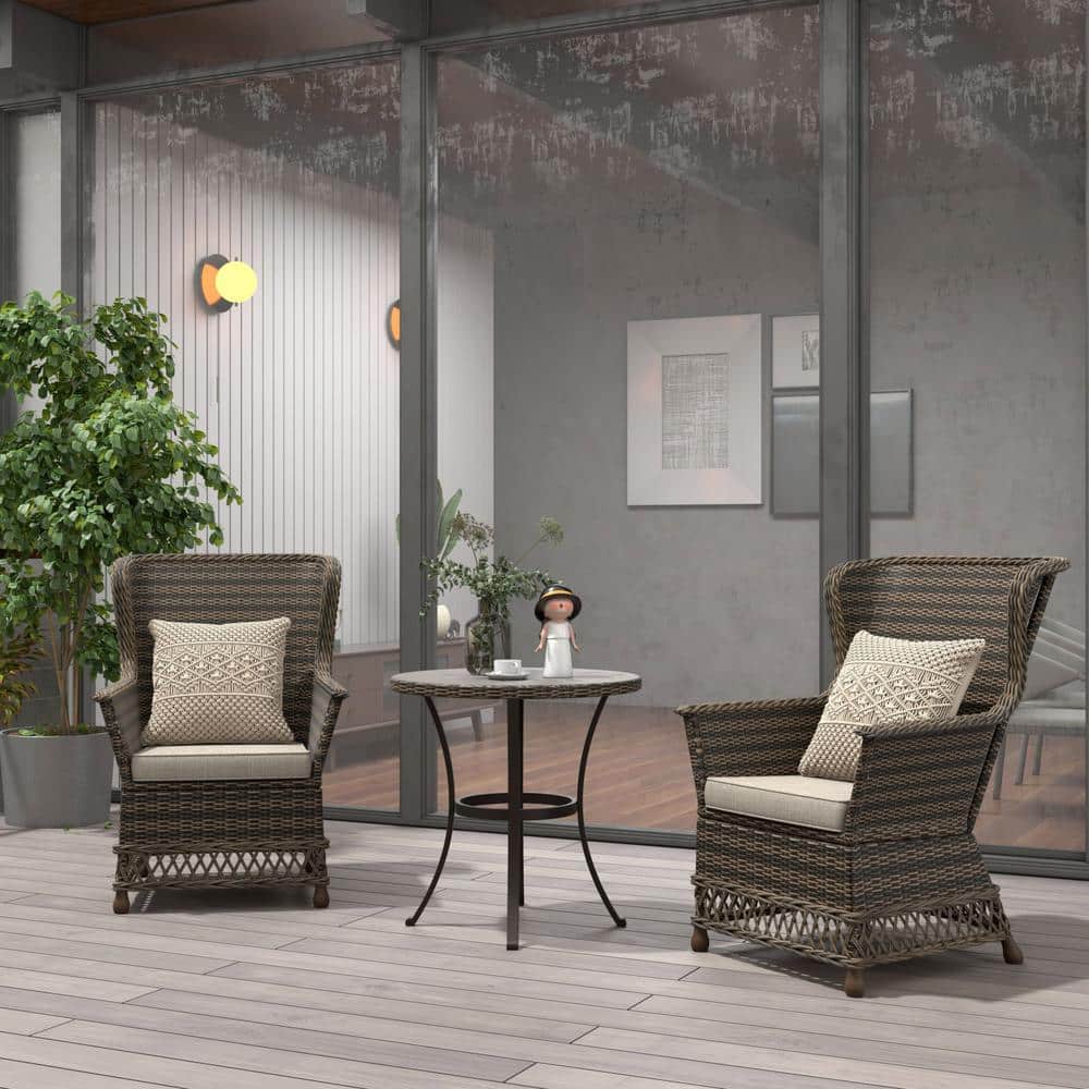 3-Piece Coffee PE Wicker Outdoor Patio Conversation Set with Beige Cushions