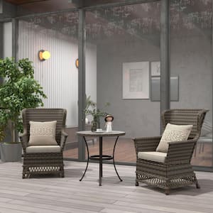 3-Piece Coffee PE Wicker Outdoor Patio Conversation Set with Beige Cushions and Round Coffee Table
