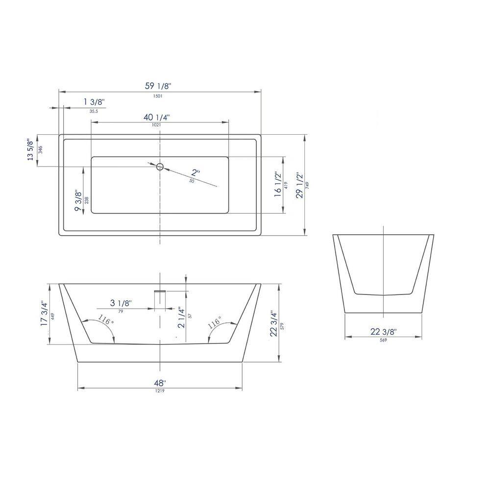 59'' Black and White Freestanding Acrylic Soaking Bathtub