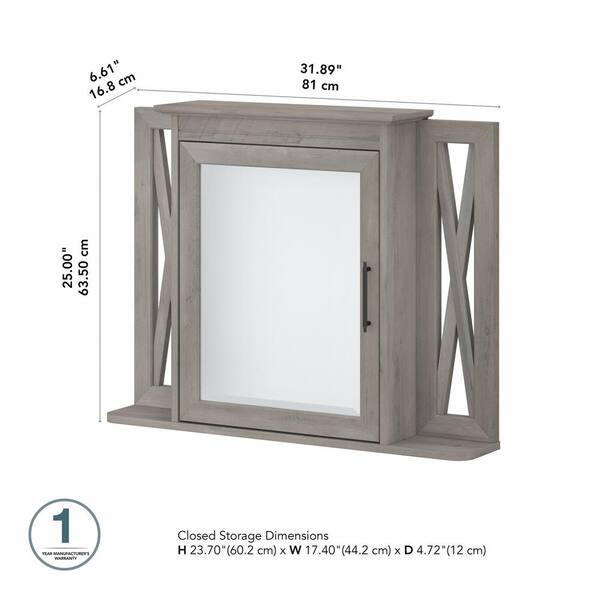 Bush Furniture Key West 31.89 in. W x 25 in. H Rectangular Particle Board Medicine Cabinet with Mirror in Driftwood Gray